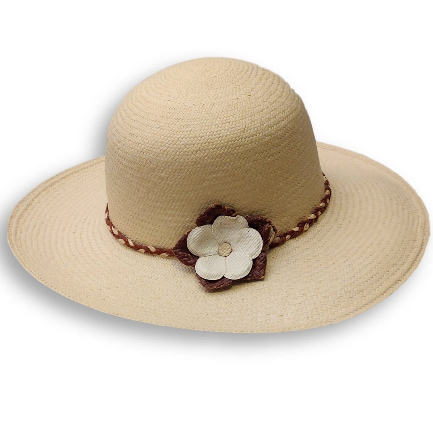 Hand made straw wide brim Size: Medium (22 inches)Body Color: Beige Band Color: Brown & Beige